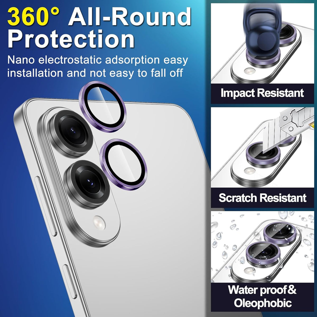 for Samsung Galaxy S25 Edge Camera Lens Protector, Individual Metal Ring Tempered Glass Lens Cover, [Strong Adsorption] Scratch Resistant Ultra-Thin HD Clear Lens Cover, 1 Set-Purple