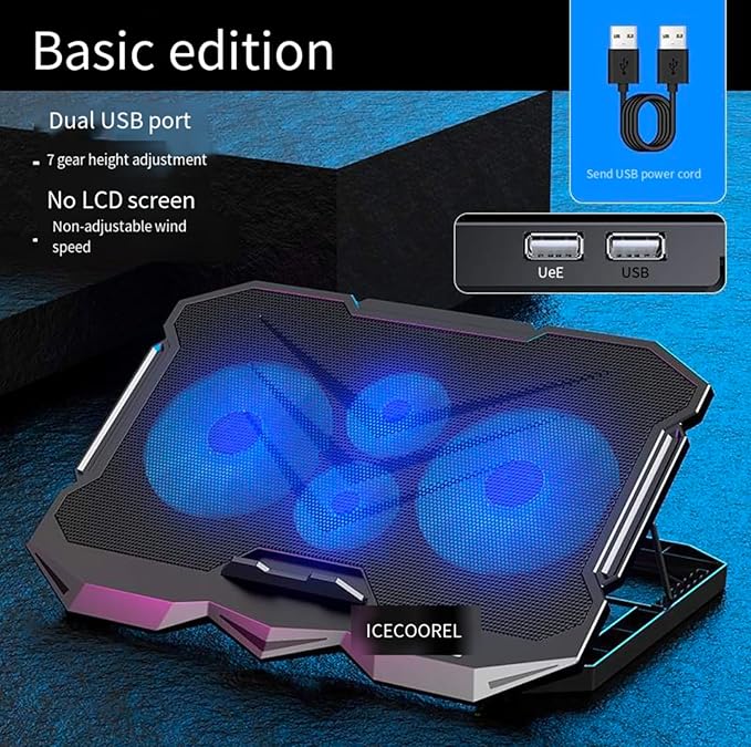 Laptop Cooling pad for Dell Inspiron 3493 Gaming laptops Laptop Cooler with 4 Fans LCD Display Screen 4 Height 2 USB-A Port Laptop Stand