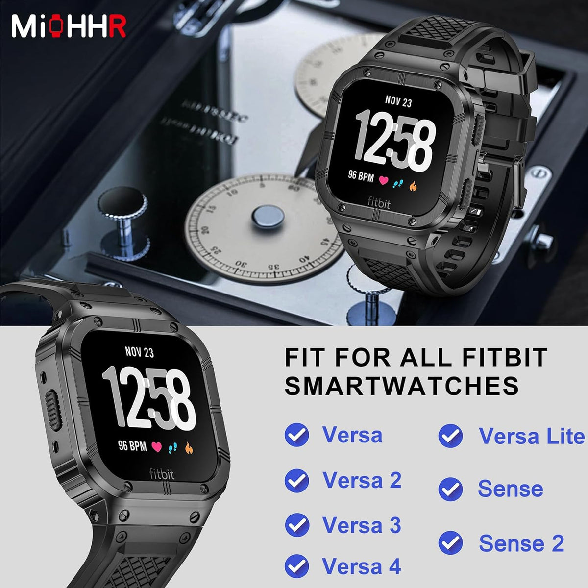 MioHHR Stainless Steel Case and Band Compatible with Fitbit Versa 4/3/2/Lite/Sense/Sense 2 Bands with Metal Case, Rugged Sports Protector Cover Silicone Wristbands for Men, Grey