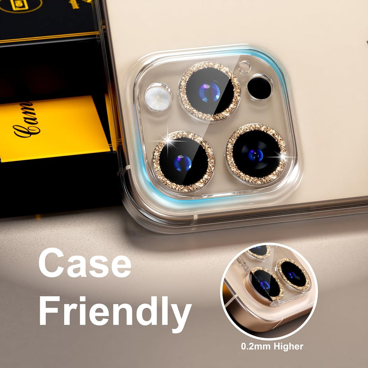 beuxece for 6 Pack iPhone 16 Pro/iPhone 16 Pro Max Camera Lens Protector [Drop Protection] [Case Friendly] [Easy Installation] 9H Tempered Glass Camera Screen Protector Cover, Glitter Gold