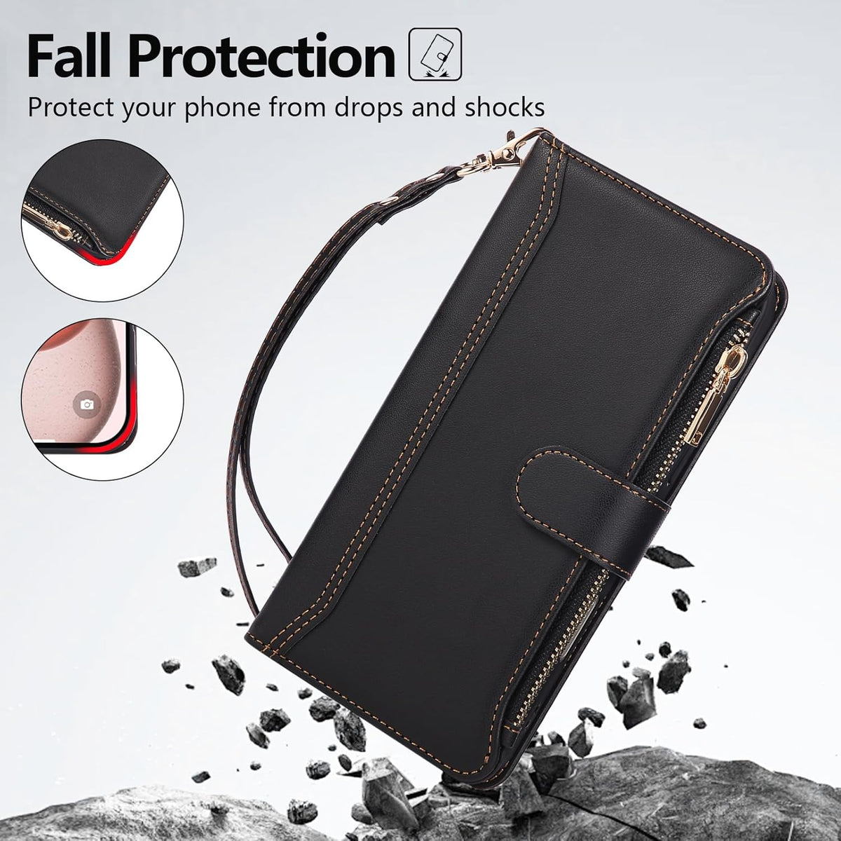 Compatible with iPhone 15 Pro Max Wallet Phone Case-PU Leather Magnetic Flip Cover with Credit Card Slots,Zipper Pocket & Detachable Wrist Strap,Shockproof Design,for Women and Men-Black