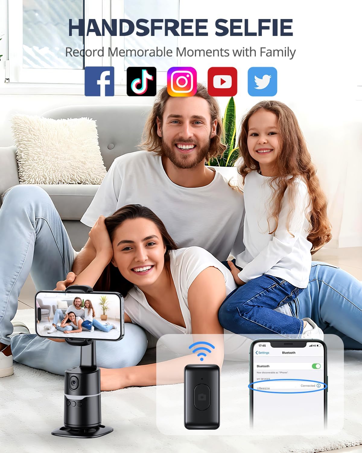 UBeesize Auto Face Tracking Tripod with Adjustable Desk Tripod, 360° Rotating vlogging kit for iPhone with Remote & Gesture Control, Rechargeable Selfie Fill Light, No App Required