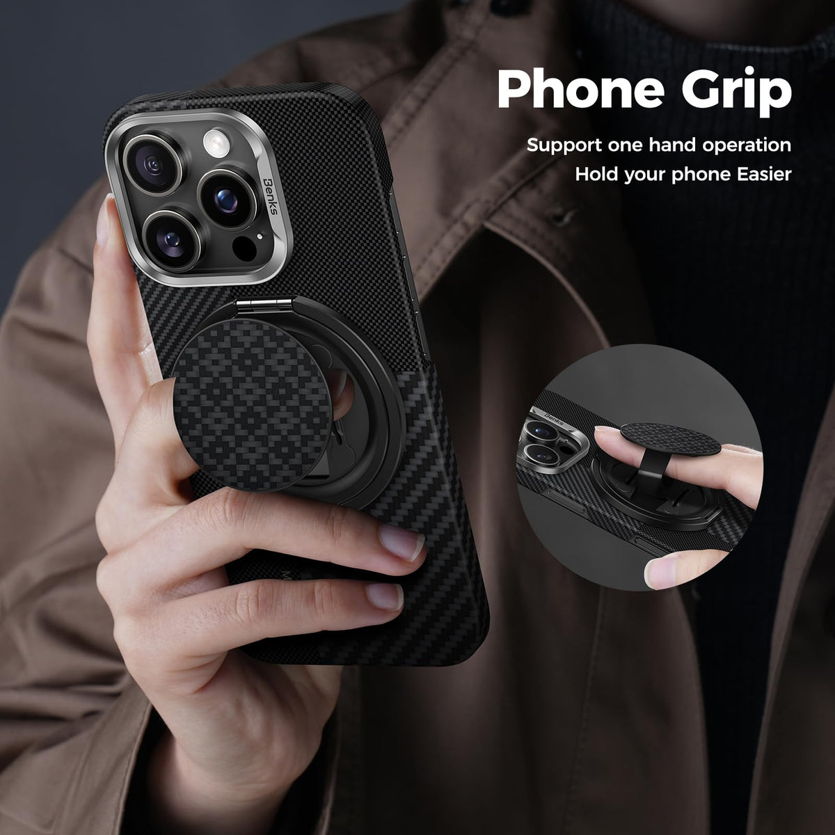 BENKS ArmorPop Magnetic Phone Grip & Stand for MagSafe, 360° Rotation Adjustable Phone Ring Holder for iPhone 17/16/15/14/13/12 Series, Durable Kevlar Design