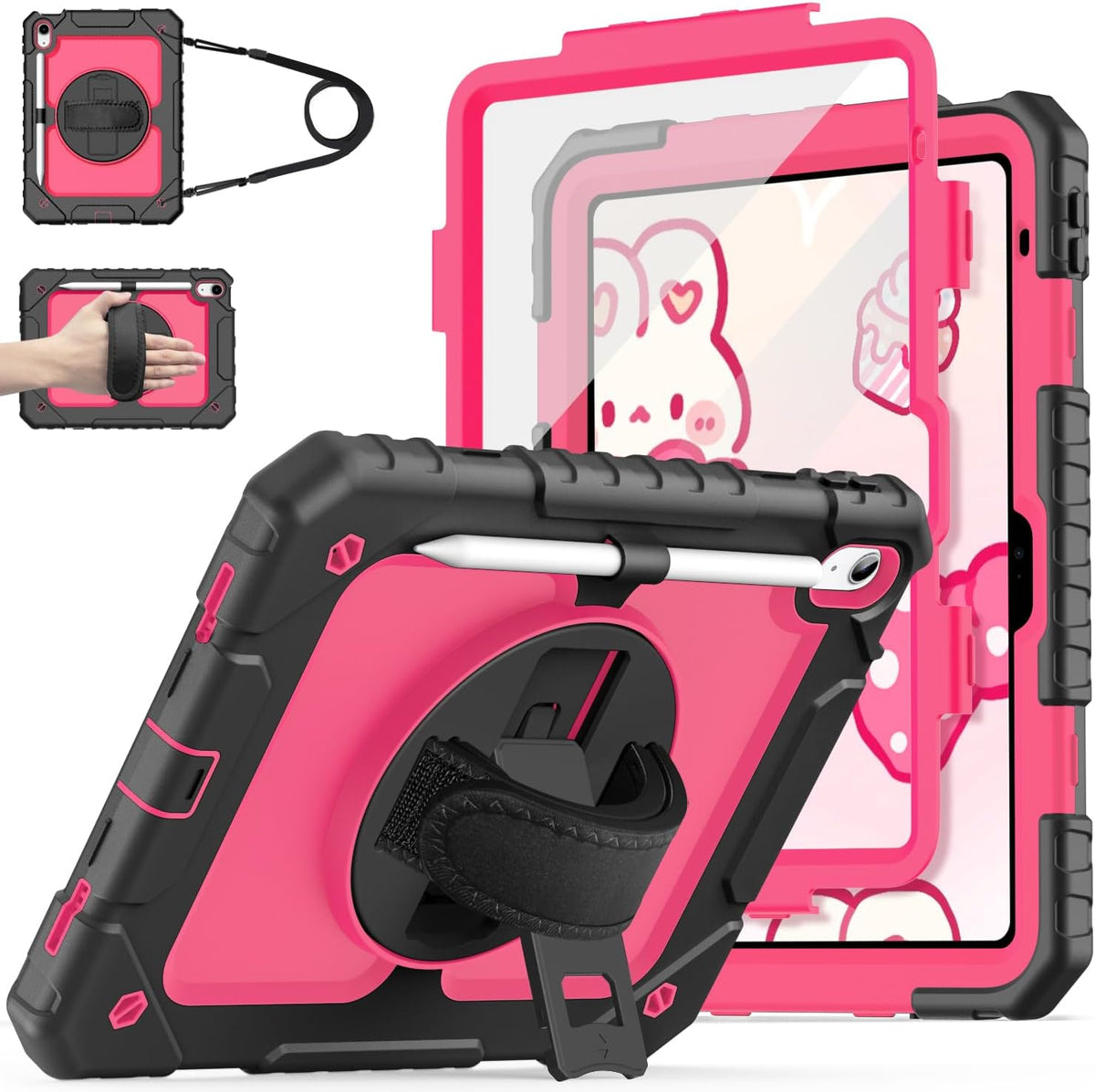 Cantis Case for iPad 11-inch (A16) 2025/ iPad 10th Generation 2022 (10.9 inch) with Screen Protector, iPad 11th Case with 360 Degree Rotating Stand/Shoulder Strap/Pencil Holder, Black+Hot Pink