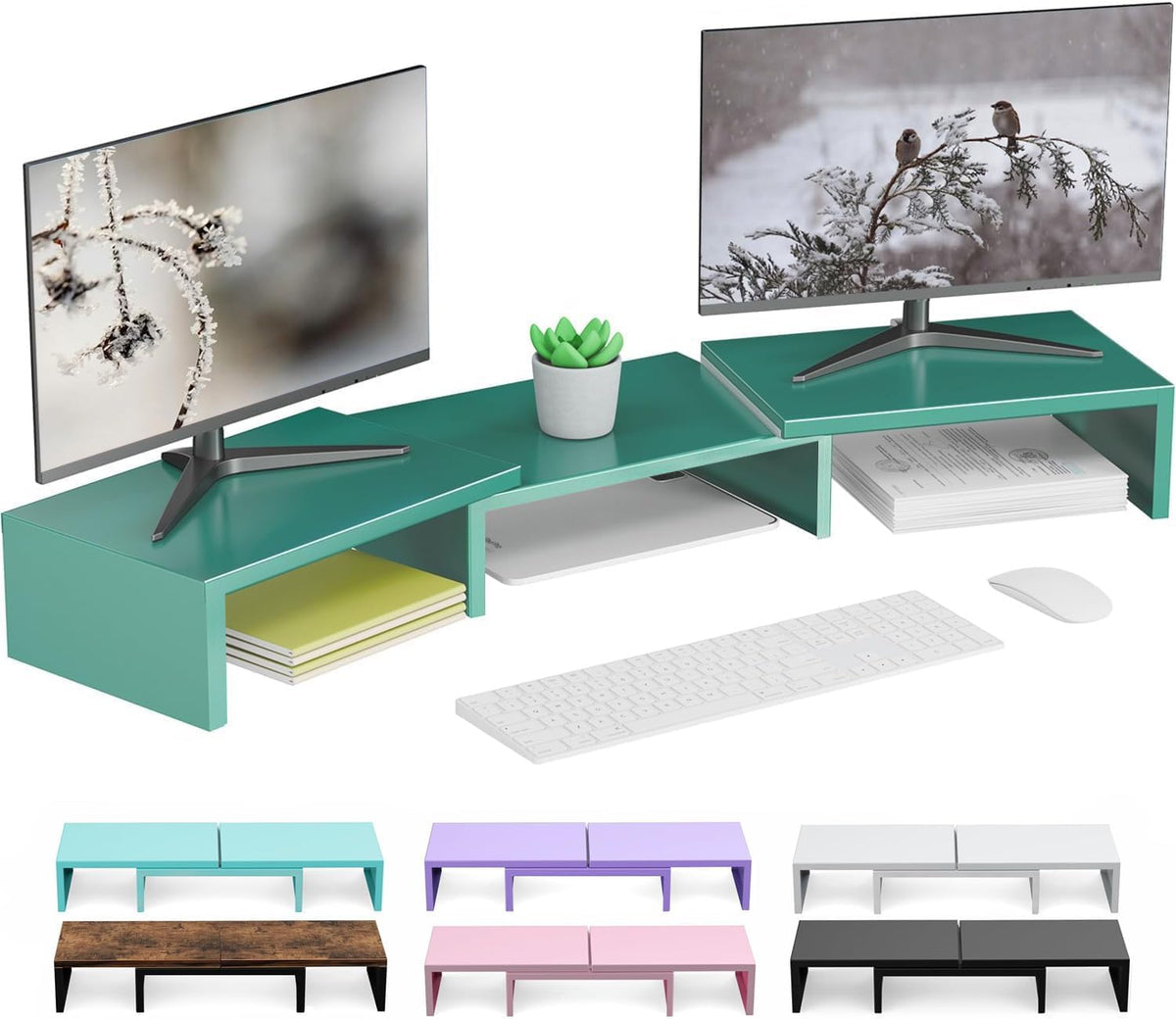 Dual Monitor Stand for Desk, Metal Computer Stand, Desk Shelf Riser,Desktop Organizer for Home and Office Use (Green)