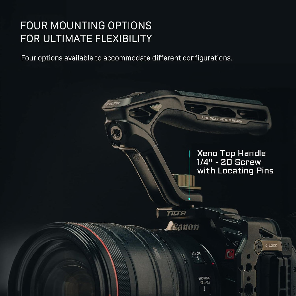 Tilta Xeno Top Handle for Filmmakers & Cameras - Black | Aluminum Alloy and Silicone Build | 1/4″-20 and 3/8″-16 Threads w/Locating Points | Safety Release Pin | Comfortable Handling (NATO)