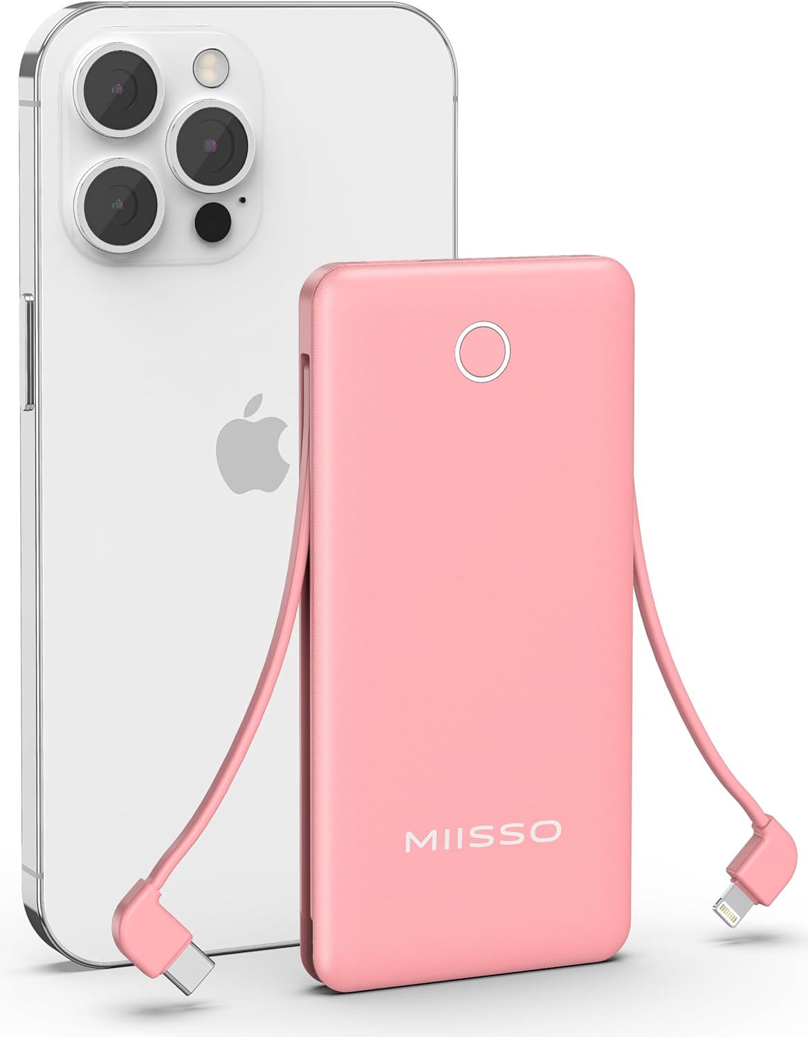 miisso 10000mAh Slim Portable Charger with Built in Cable, Power Bank Travel Charger External Battery Pack for Phone, 4 Output USB Type C Cord Clutch Charger Compatible with iPhone, Light Pink‌