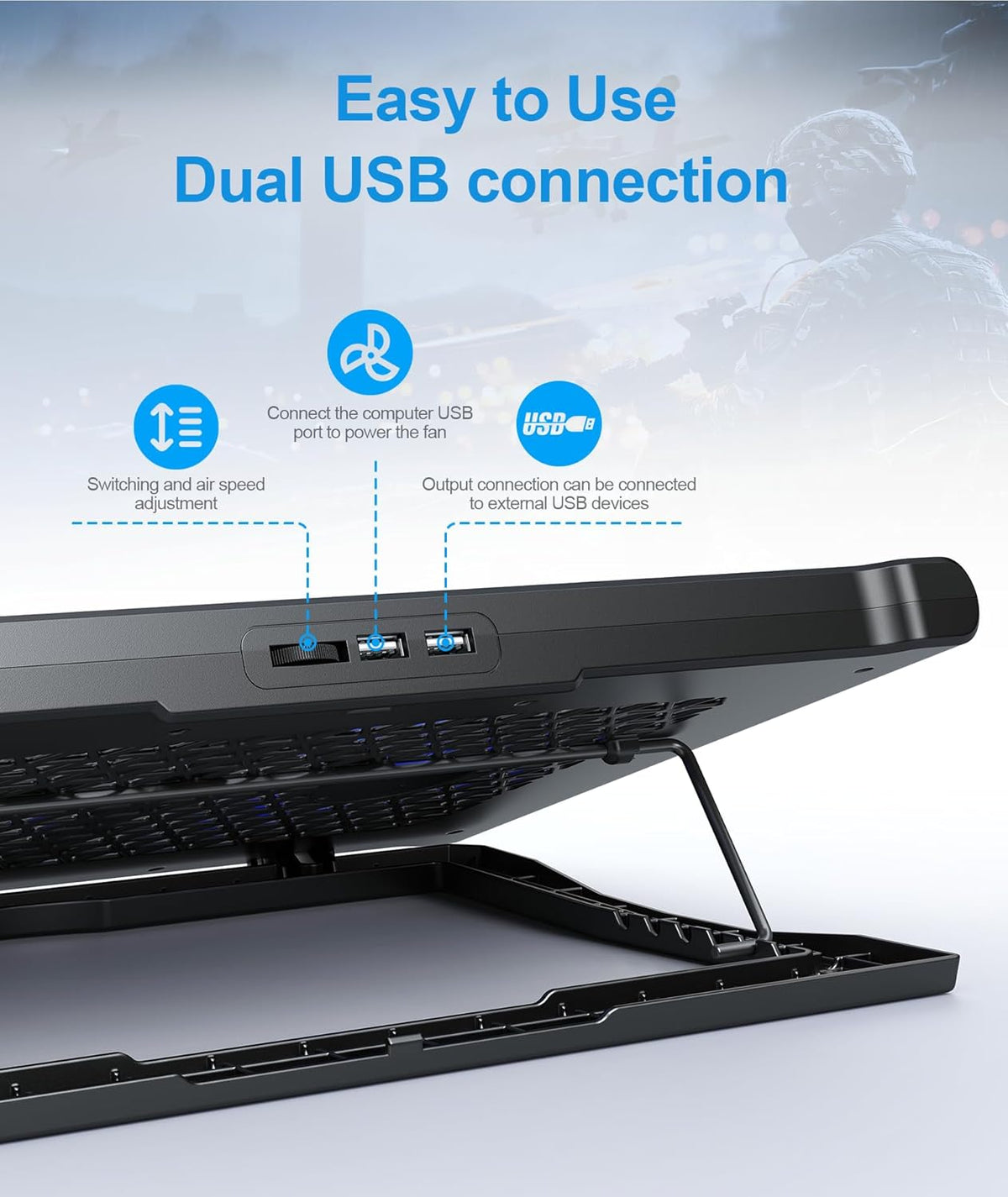 Laptop Cooling Pad Stand, Laptop Cooler with 2 Silent Fans for 10-15.6 Inch Laptops,6 Levels of Height Adjustable Wind Speed with 2 USB Ports (Black)