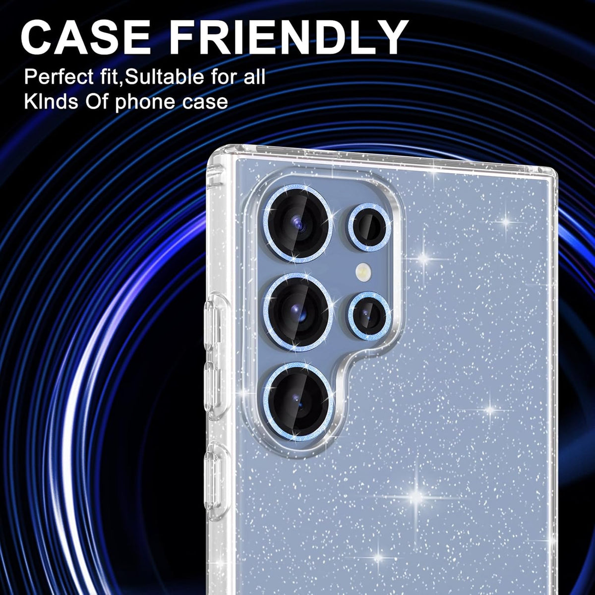 for Samsung Galaxy S25 Ultra Camera Lens Protector, Individual Metal Ring Tempered Glass Lens Cover, [Strong Adsorption] Scratch Resistant Ultra-Thin HD Clear Lens Cover, 1 Set-Blue Sparkly