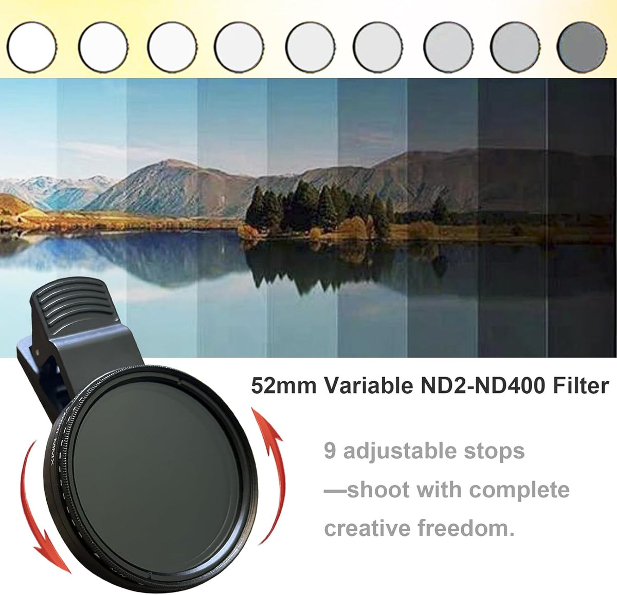 52mm Clip-on ND2-400 Phone Camera Lens Filter Kit, Adjustable Neutral Density Filter Compatible for iPhone 15 14 13 12 11, Google Pixel and Other Smart Phones