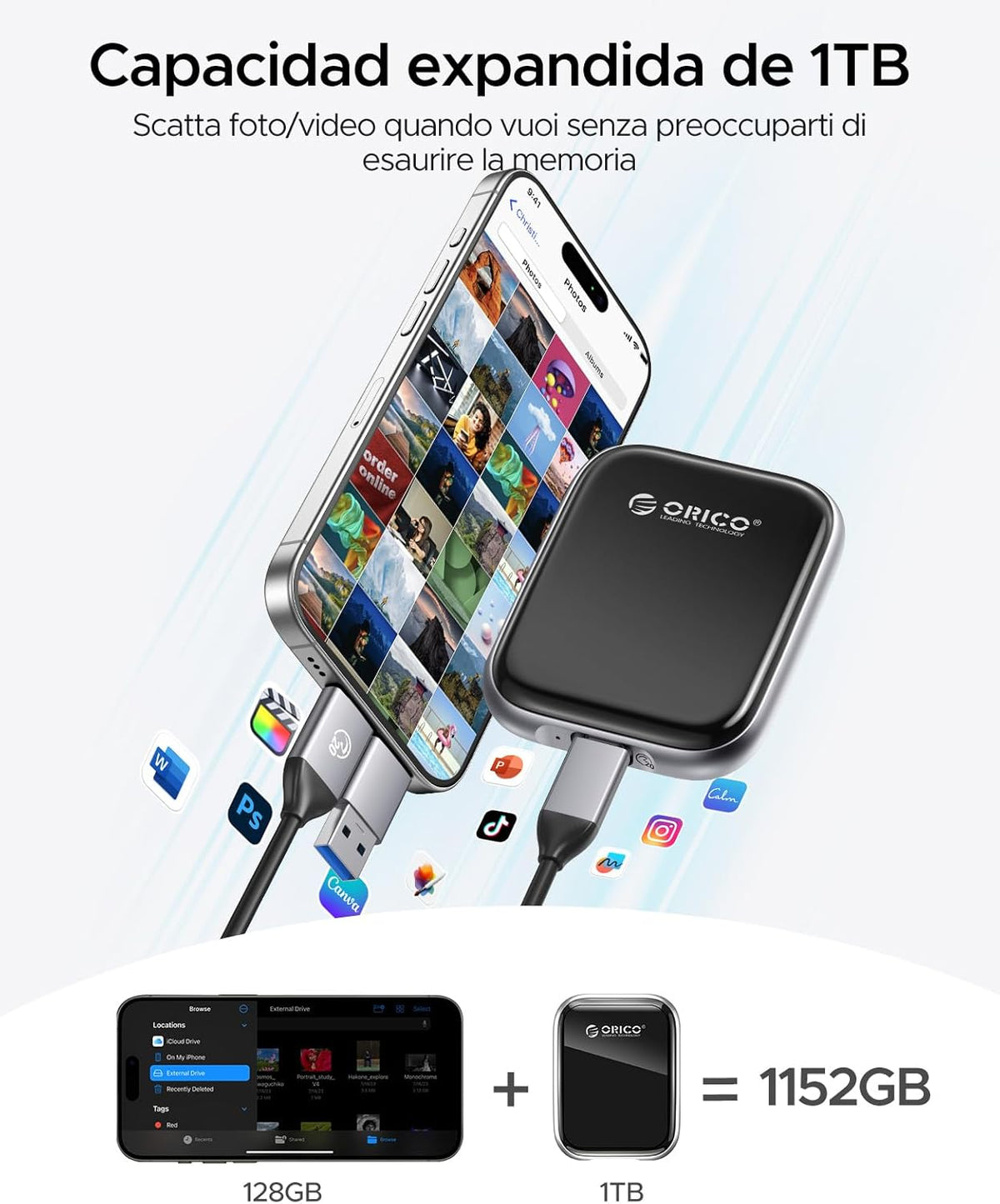 ORICO 512GB External SSD Up to 2000MB/s Portable Solid State Drive, USB 3.2 Gen 2x2 20Gbps with 2 in 1 USB C Cable, Compatibility with MacBook, iPad, iPhone 15, PSSD - A20