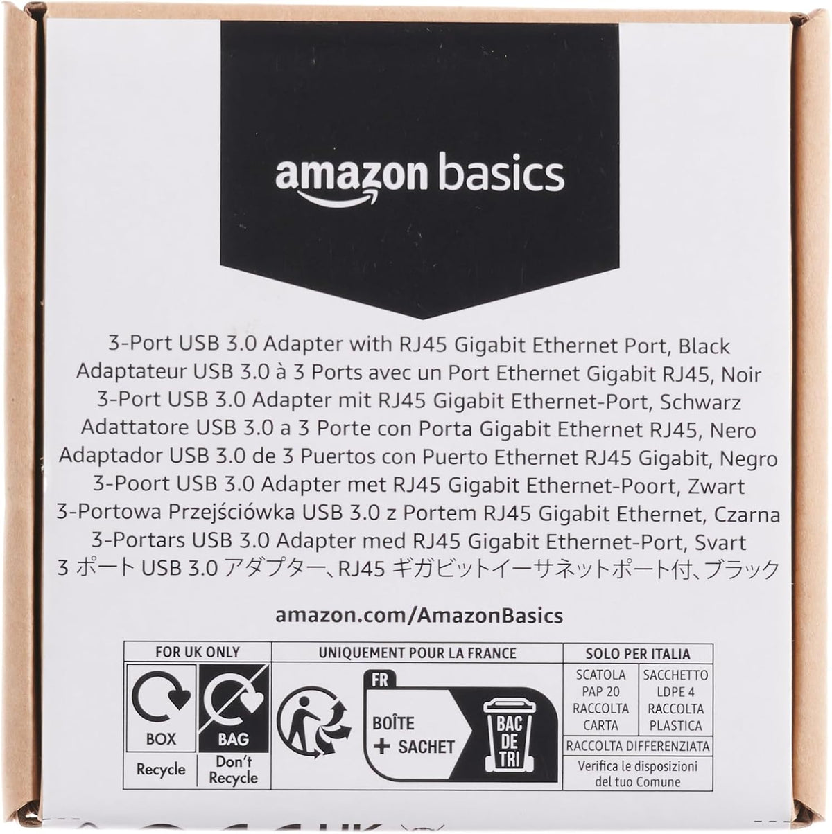 Amazon Basics 4-Port Adapter With 3 USB 3.0 USB-A Ports & 1 RJ45 Gigabit Ethernet Port, Black