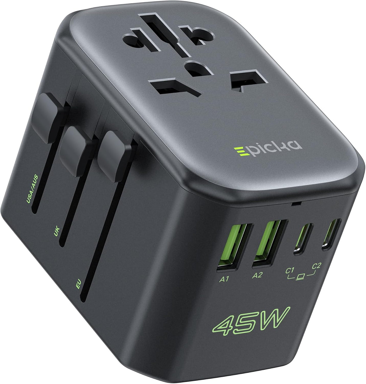 EPICKA Pulse 45W European Travel Plug Adapter, Universal Power Adapter with PD Fast Charging, 5-Port (1 AC/2 USB-A/2 USB-C) International Charger Adapter for Europe, Japan - Travel Essentials (Black)