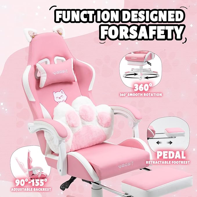 Pink Cat Ear Gaming Chair with Footrest - Cute Gaming Chair for Girls 310lbs Capacity Adjustable Height &amp Lumbar Support Ergonomic Computer Chair for Teens