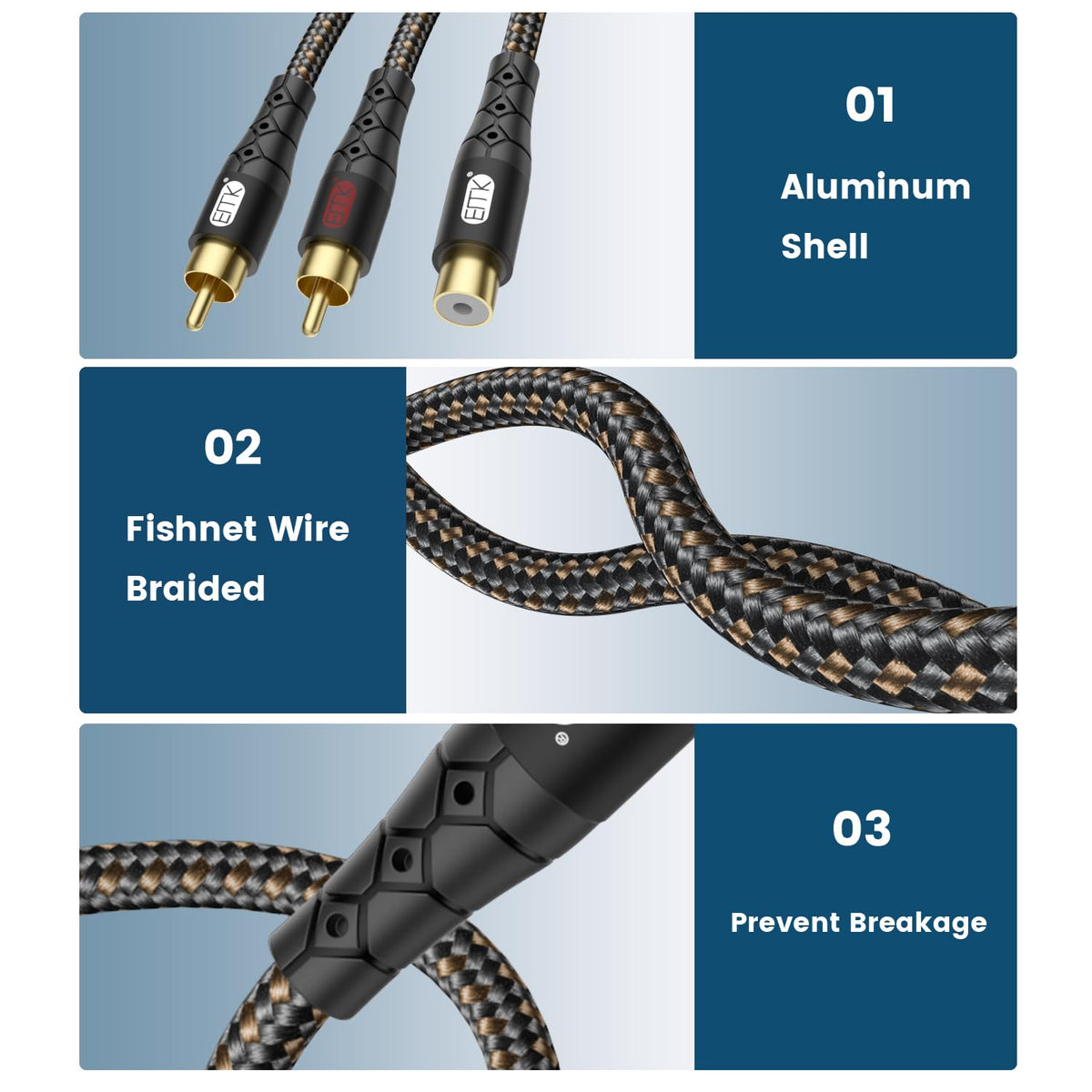 EMK RCA Splitter 2 Male to Female Extension Cable Dual Shielding Gold Plated Nylon Braided RCA Splitter 1 Female to 2 Male Cord Adapter Black/1ft/30CM