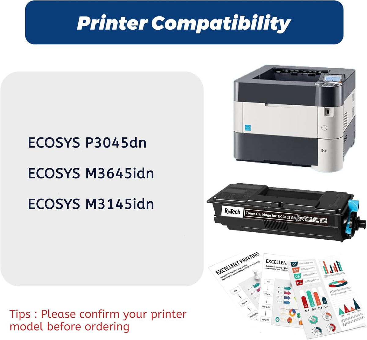 TK3162 TK-3162 Black Toner Cartridge, 1T02T90US0 Compatible for Kyocera ECOSYS P3045dn M3645idn M3145idn Printers, Extra High Capacity Up to 12,500 Pages,with Upgraded Chip,No Fading,No Streak