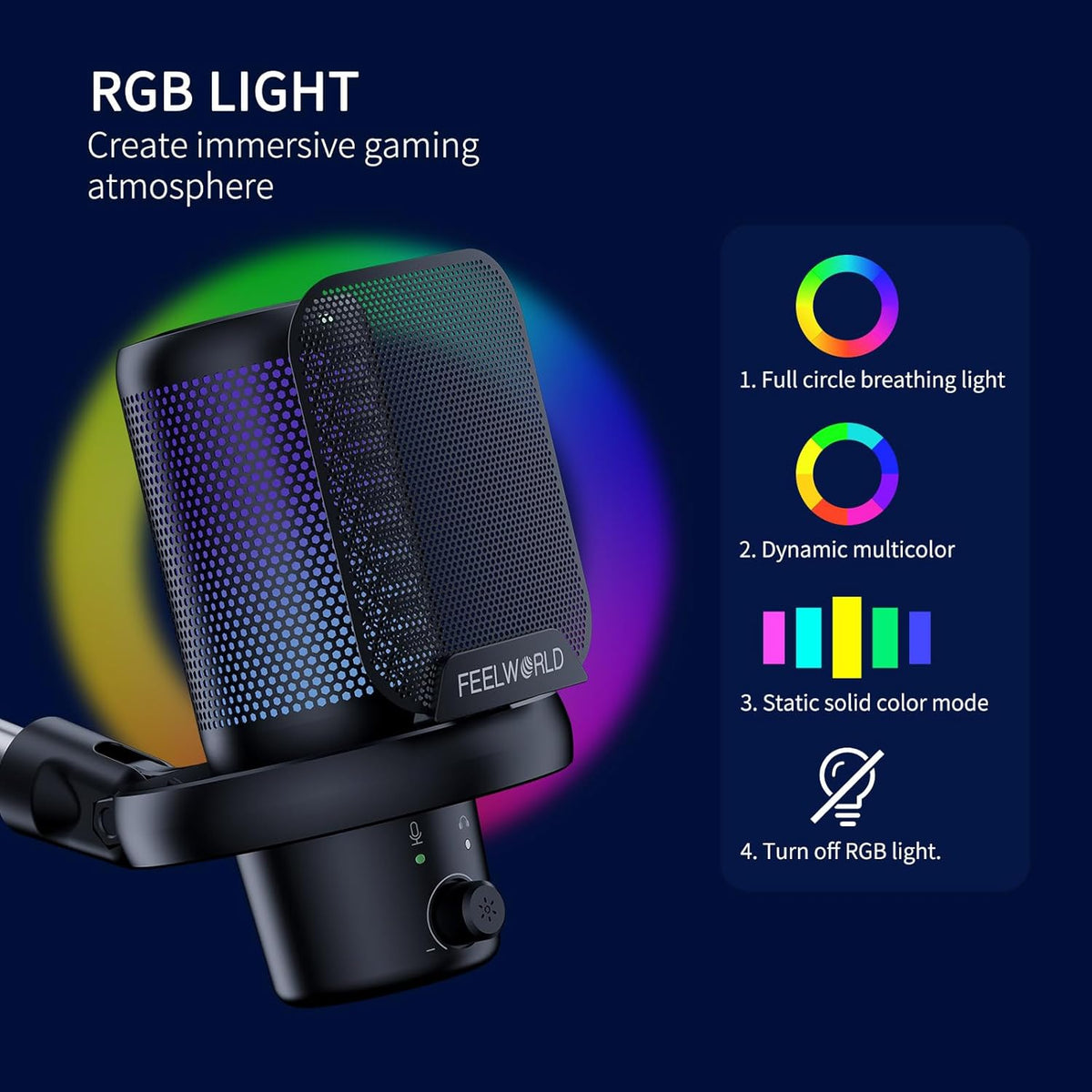 FEELWORLD VM1 Gaming PC USB Microphone Condenser Mic with Noise Cancellation Mute RGB Light, Computer Accessories Gifts for Gamer YouTube Twitch Podcast Streaming Recording Online Chat PS4 PS5