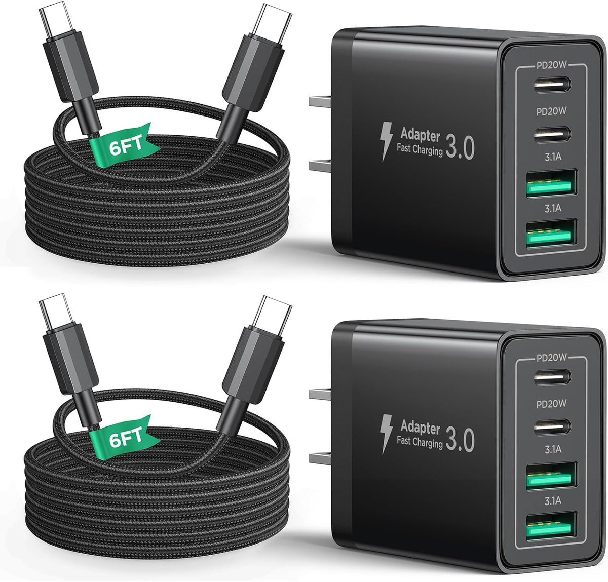 40W USB C Charger Cube, 2Pack 4-Ports Wall Plug Fast Charging Block with 6FT USBC to USBC Cord, Multiport Brick Type C Box Compatible with iPhone 16/15, Samsung S25 S24 S23, iPad, Cellphones Charger