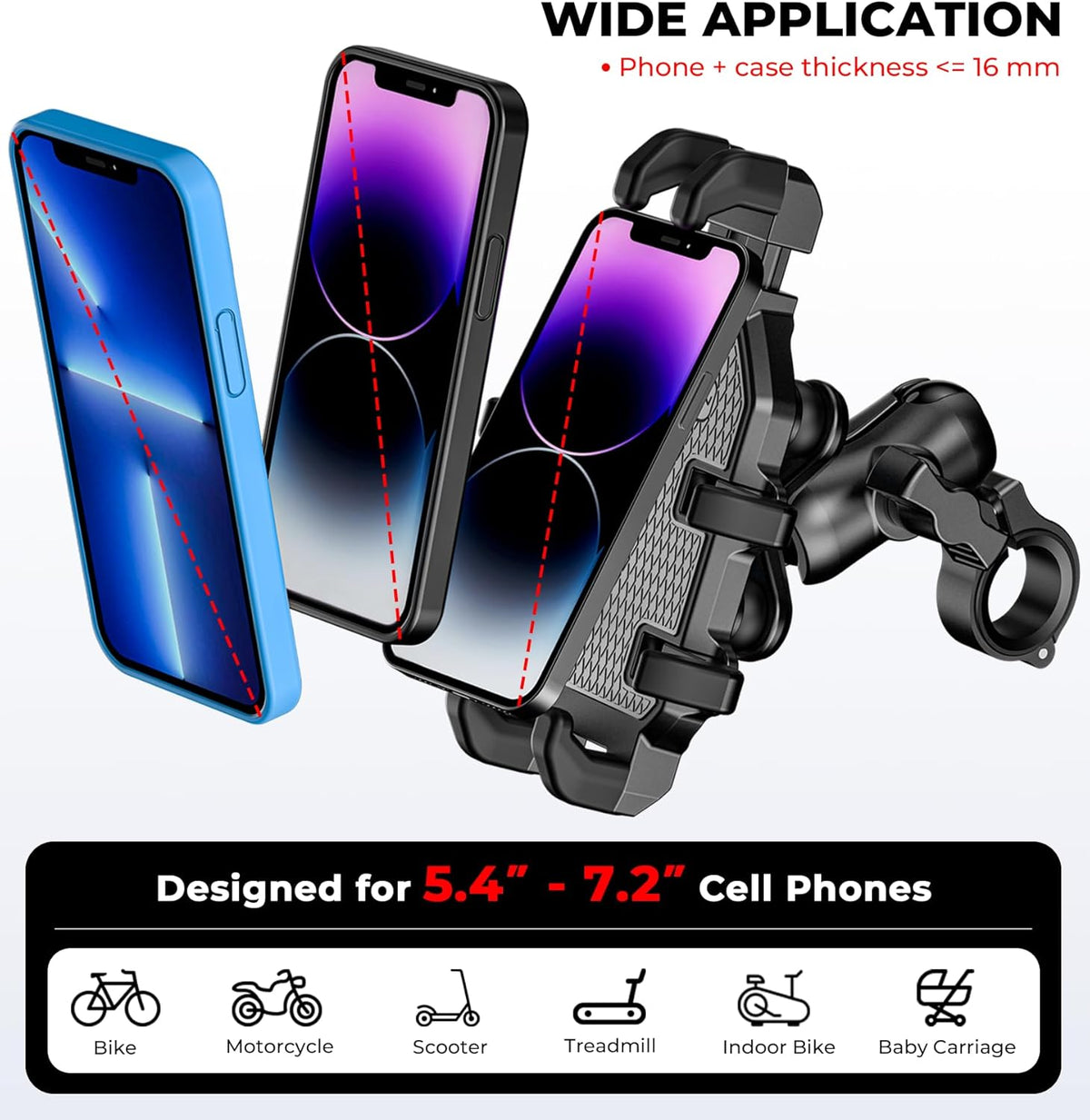 Motorcycle Phone Mount with Vibration Dampener, Anti-Shake Bike Phone Holder with Aluminum Alloy Handlebar Clamp, One-Handed Operation Motorcycle Cellphone Mount Fit for 5.4"-7.2" Smartphone