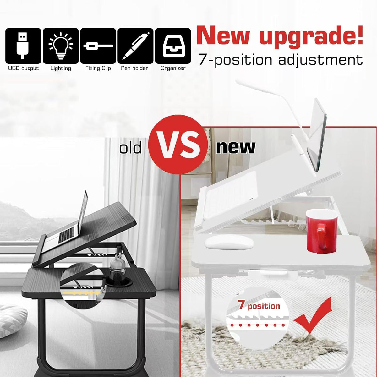 CloudTrip Plus XL Adjustable Laptop Desk with Light, USB Port, iPad Holder, Drawer Storage - Larger 23.6IN Adjustable Lap Desk for Bed, Home Office, Breakfast Tray, Fordable Legs Desk (White)
