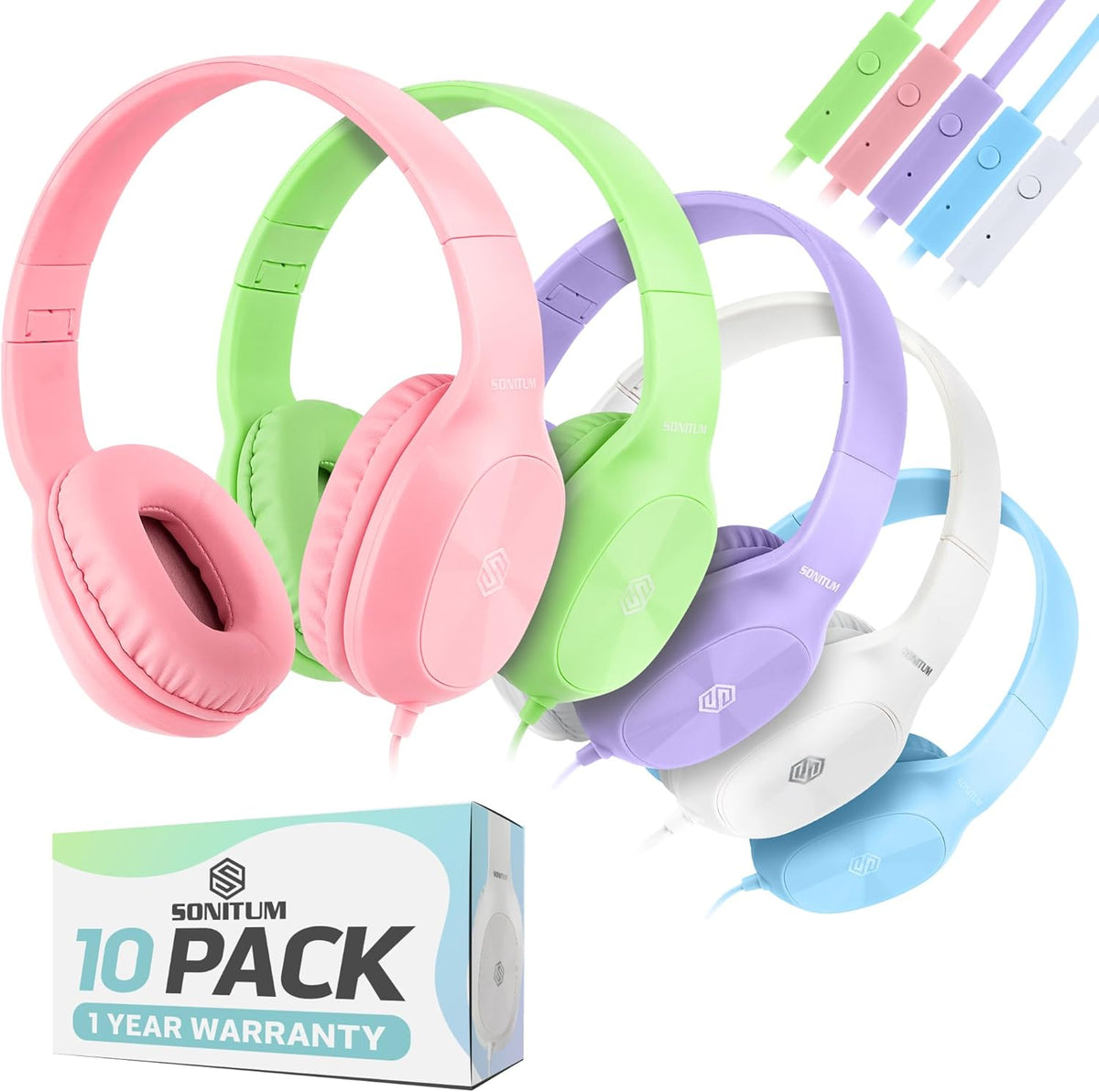Classroom Headphones-Bulk 10-Pack, with Microphone Student On Ear Comfy Swivel Earphones for Library, School, Airplane, Kids-for Online Learning and Travel, HQ Stereo Sound 3.5mm Jack (Colored Set)