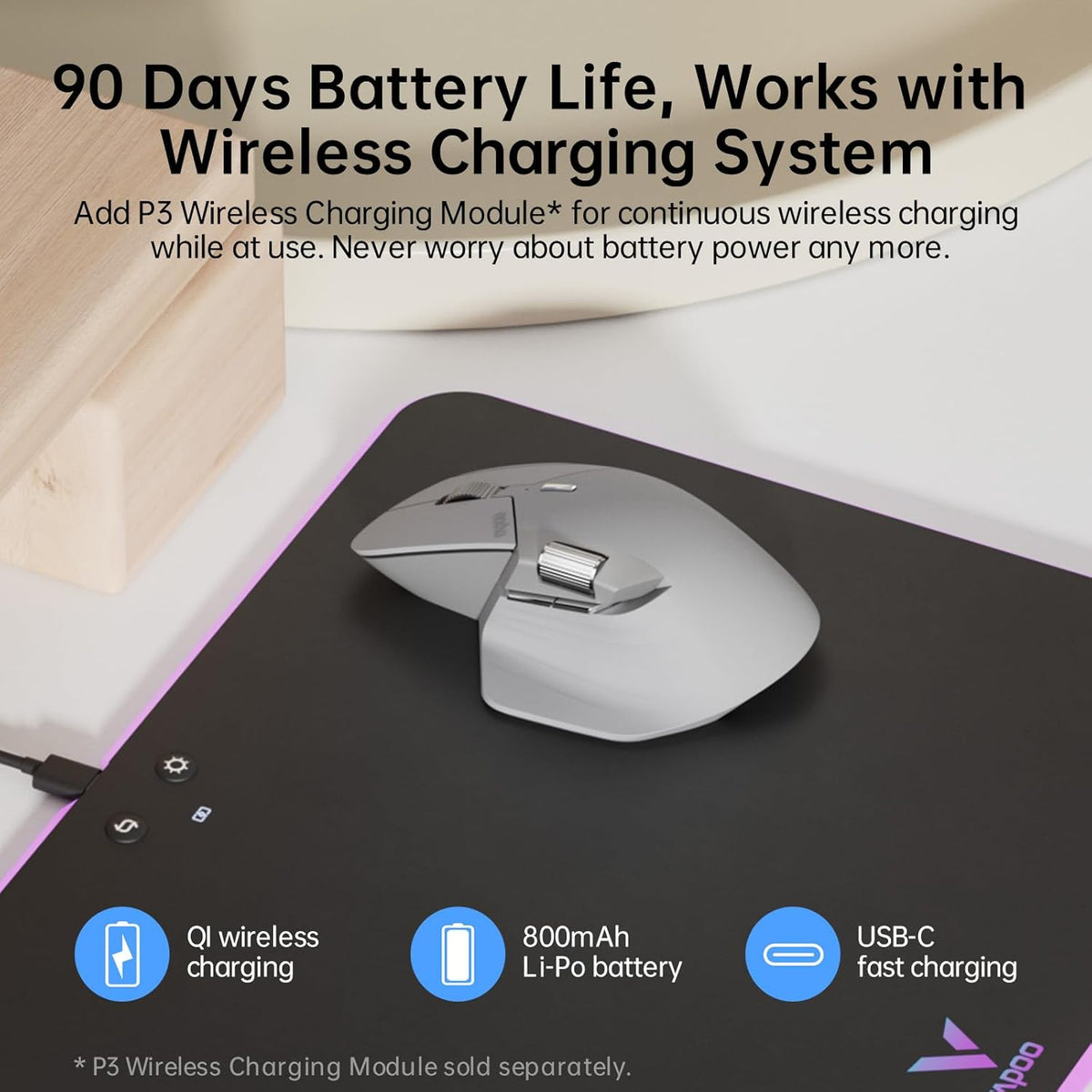 Rapoo MT760 Multi-Device Wireless Mouse, Bluetooth 5.0 and 2.4G Multi-Mode Connection, Up to 4 Devices, 11 Programmable Buttons, 4K DPI, 90 Days Battery Life, PC, Light Grey