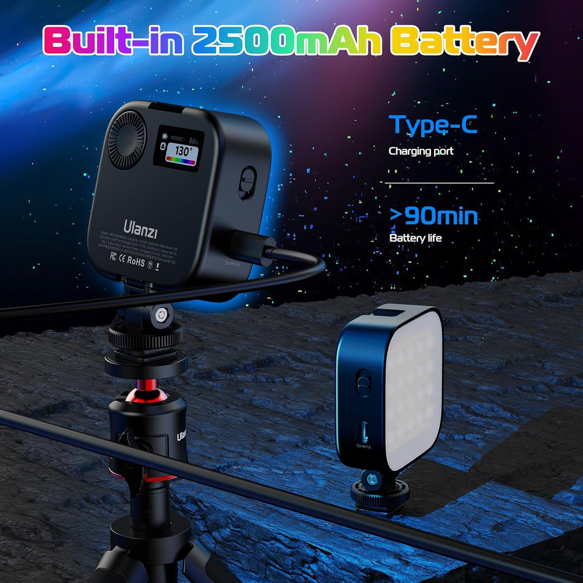 ULANZI U60 RGB Video Lights Black LED Camera Light 360° Full Color Portable Photography Lighting w Quick Release Cold Shoe Adapter and Clip, 2500mAh Rechargeable CRI 95+ 2500-9000K Dimmable Panel Lamp