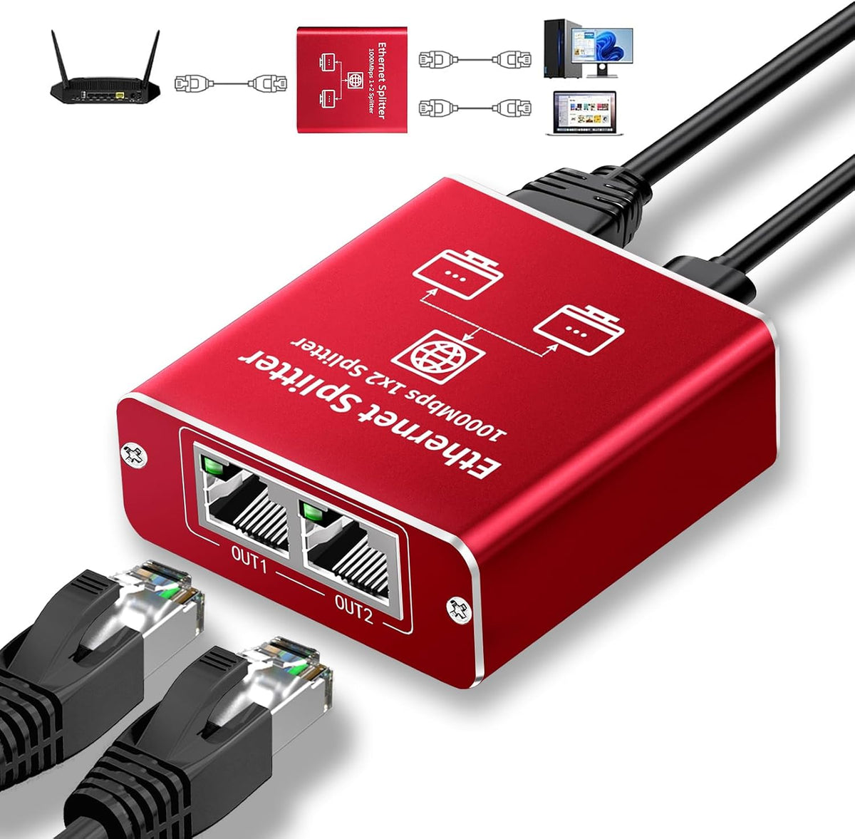 Goalake 1 2 1000Mbps, RJ45 Cat5/5e/6/7/8 802.3 Ethernet Splitter to High Speed Gigabit Ethernet Splitter, LAN Splitter