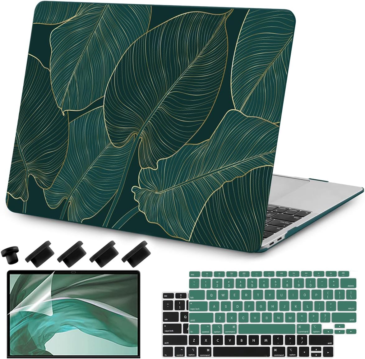 Teryeefi Hard Shell Case + Keyboard Cover + Screen Protector for MacBook Air 13 inch M1, Green Leaf