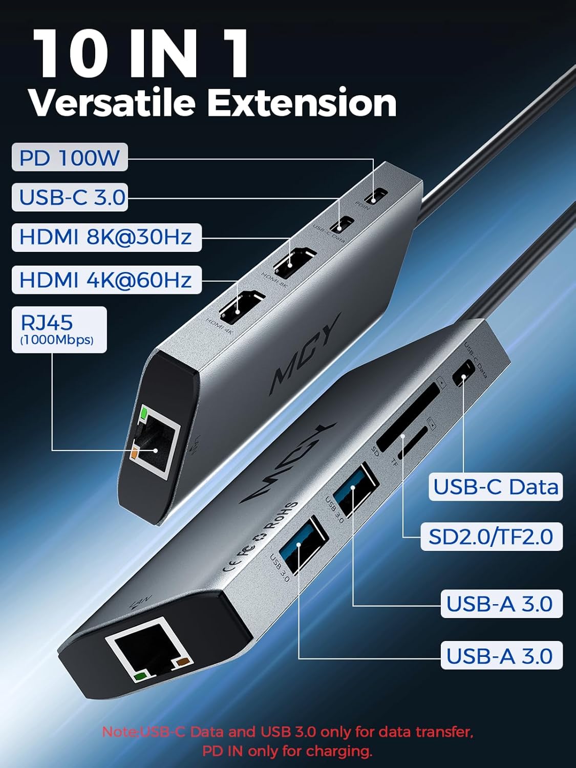 MCY USB C Hub,Laptop Docking Station Dual Monitor Single 8K,2x4K@60Hz,10 in 1 Type-C Multiport Adapter with 2 HDMI,PD100W,Extender Splitter,Card Reader,Ethernet Dock for Mac/Dell/HP/Surface/Steam Deck