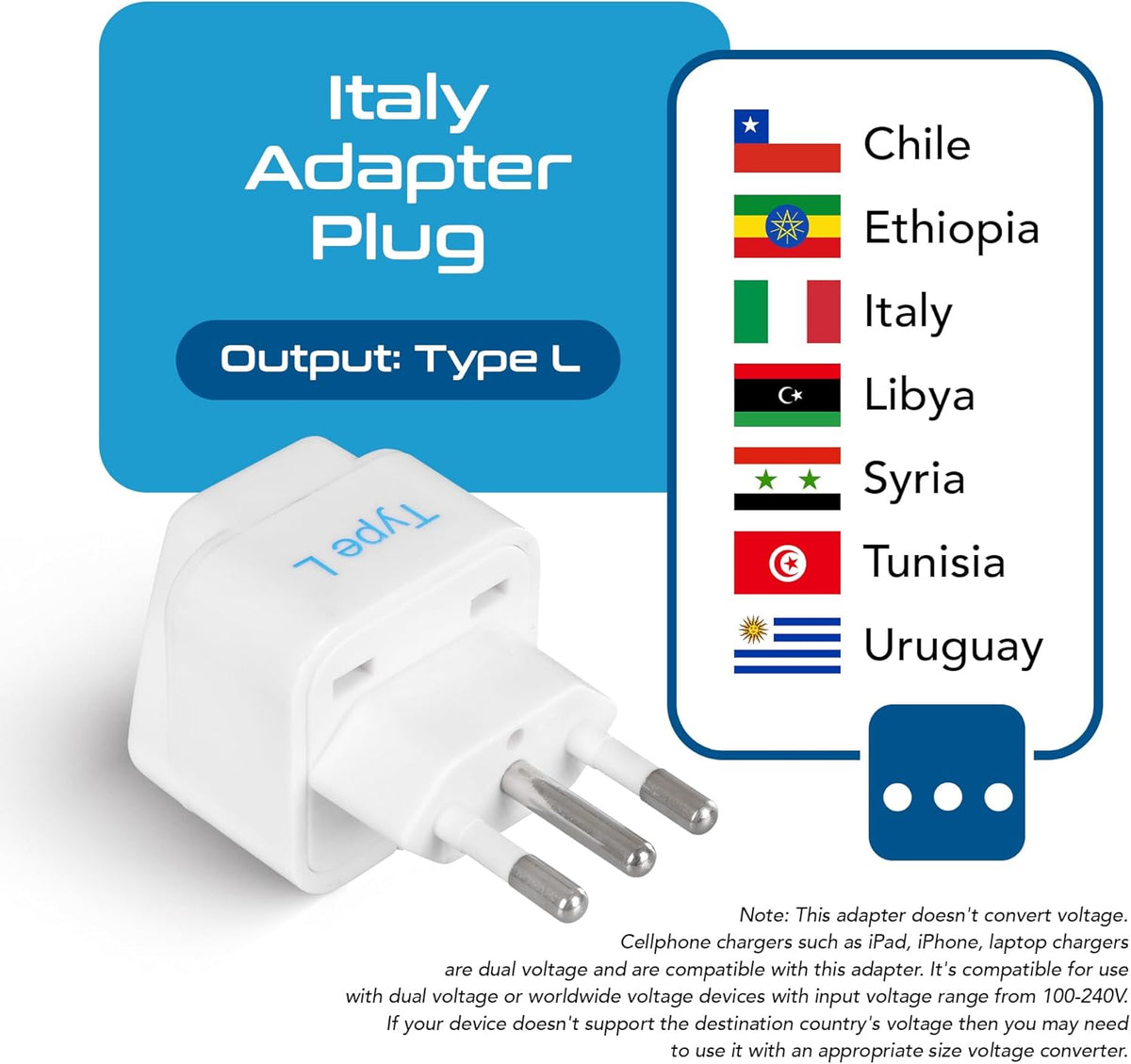 Ceptics Italy Power Adapter, Type L plug adapter, Universal Travel Adapter Chile, Italy travel adapter plug perfect for Rome, Lybia, Tunisia, Uruguay, GP-12A - White (3 Pack)