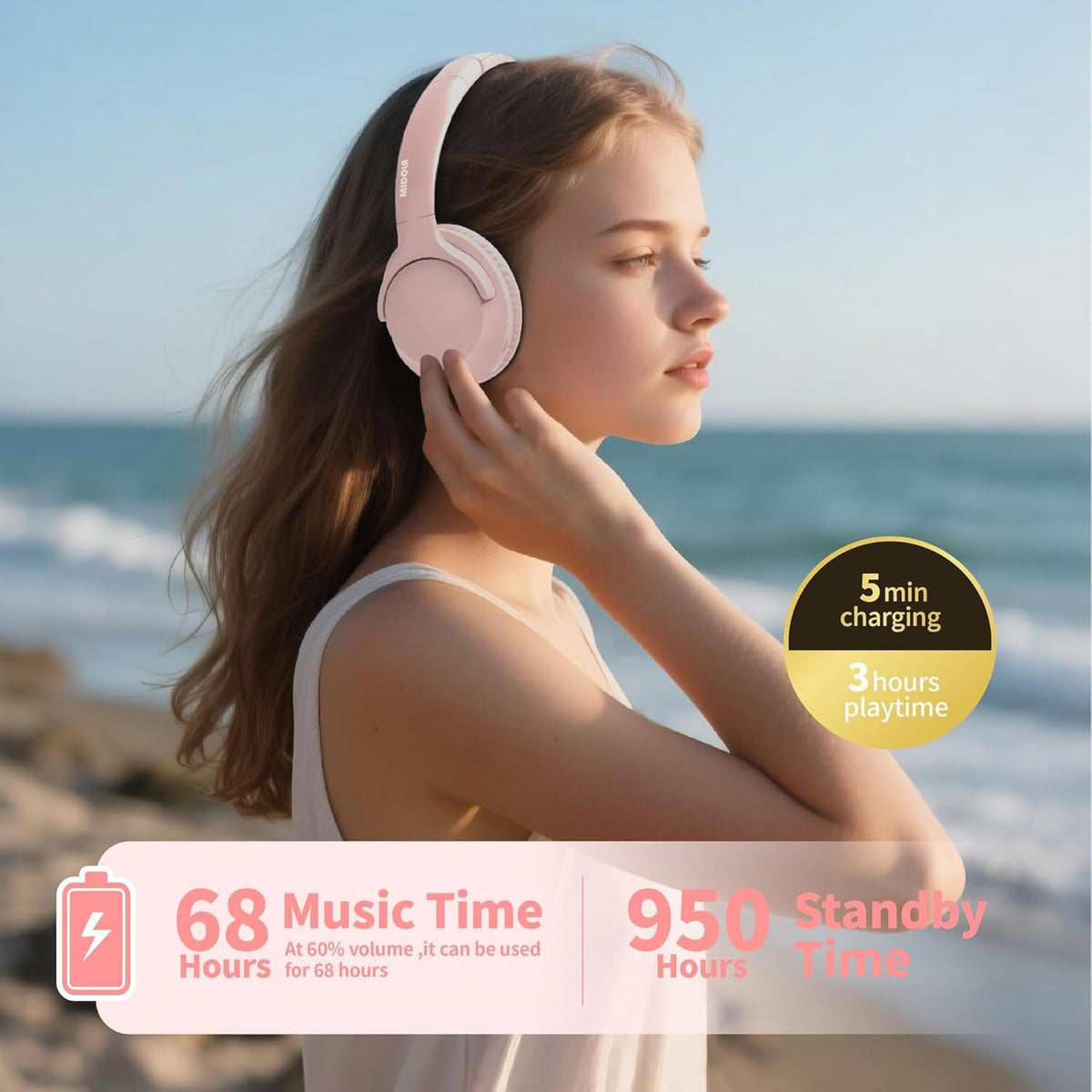 MIDOLA Bluetooth Headphones Over Ear 68H Playtime 6 EQ Wireless Headset with Microphone HiFi Stereo Foldable Lightweight Deep Bass for Travel Home Office Cellphone Pink