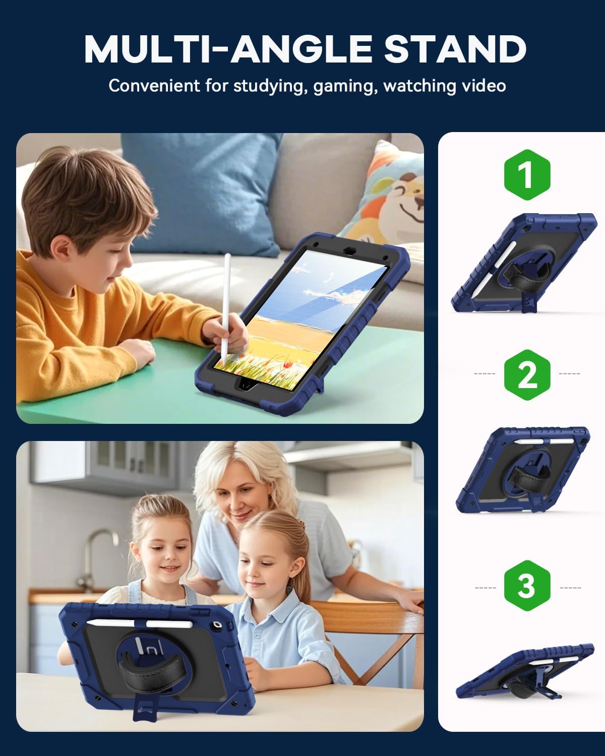 Cantis Case for iPad 9th/8th/7th Generation with Screen Protector, iPad 10.2 Case 2021/2020/2019 with 360 Degree Rotating Stand/Shoulder Strap/Pencil Holder, Navy Blue