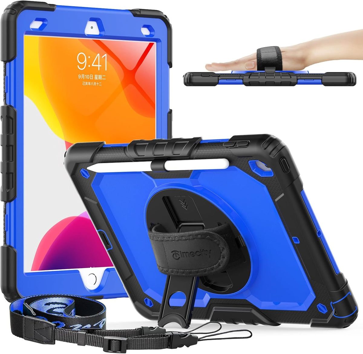 Timecity Case for iPad 9th/ 8th/ 7th Generation 10.2 inch - Heavy Duty Protective Cover with Screen Protector, Rotating Stand, Shoulder Strap & Pencil Holder | Kids-Friendly (Dark Blue)