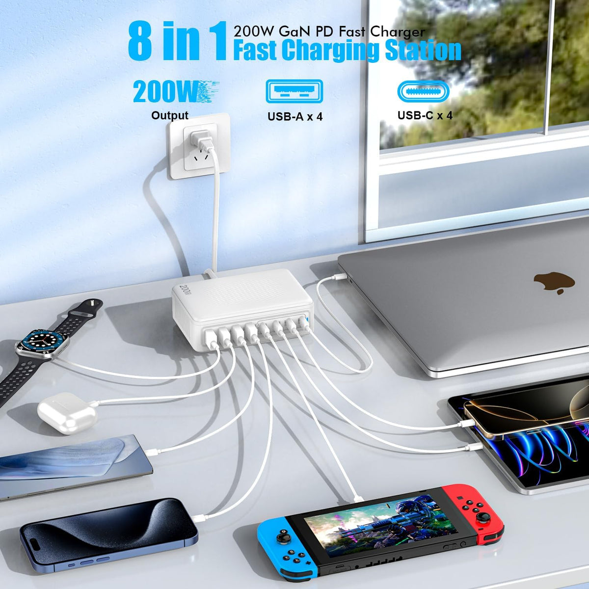 USB C Charger Block,200W GaN 8 Port USB C Charging Station USB Hub Block Cube Type C & USB A Wall Charger Power Adapter for Multiple Devices Apple iPhone 16/15/14,Steam Deck,MacBook Pro/Air,iPad Pro