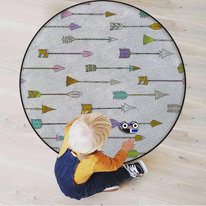 Arrows Round Carpet Playmat - Play Learn and Have Fun SafelyCrawling Mat Educational Soft Rug Shower/Birthday Gift Geometric Colorful Arrows PatternCharcoal Grey Gold Diameter 47.2 in