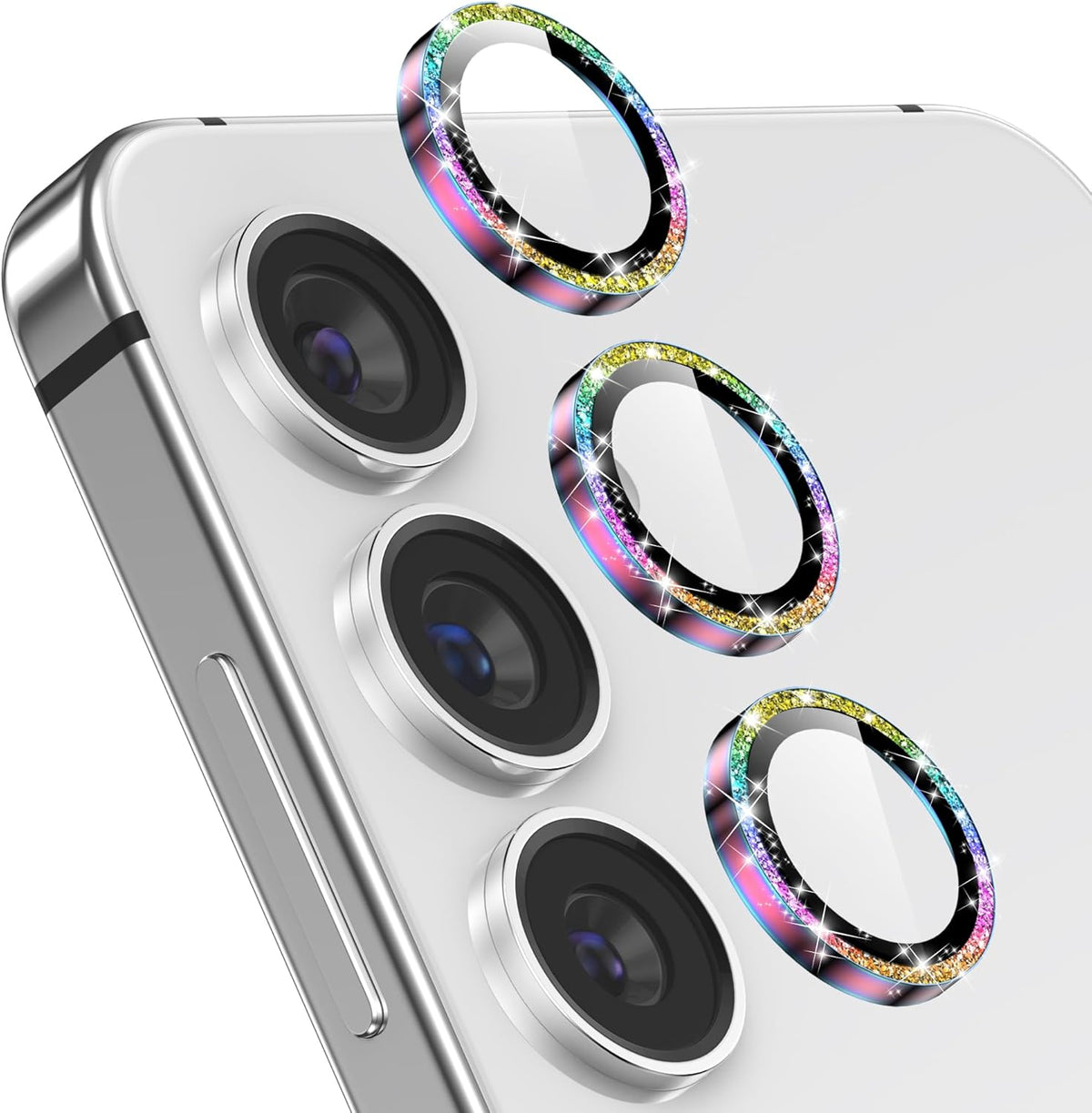YWXTW Camera Lens Protector for Samsung Galaxy S24 / S23 / S23 Plus, [NOT for S24 Plus] 9H Tempered Glass Metal Individual Ring Camera Screen Protector for S24 Accessories (Colored Glitter)