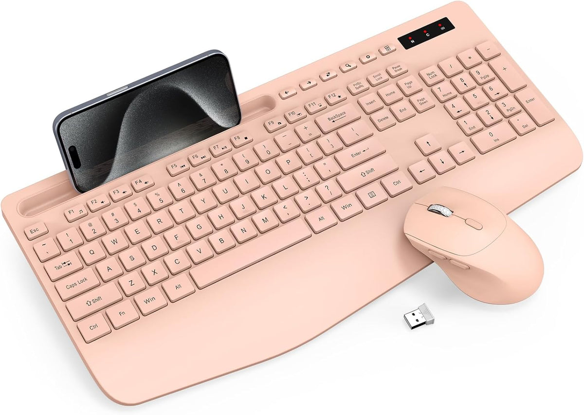 Trueque Wireless Keyboard and Mouse Combo - Full-Sized Ergonomic Keyboard with Wrist Rest, Phone Holder, Sleep Mode, Silent 2.4GHz Cordless Keyboards Mice Set for Computer, Laptop, PC, Windows (Pink)