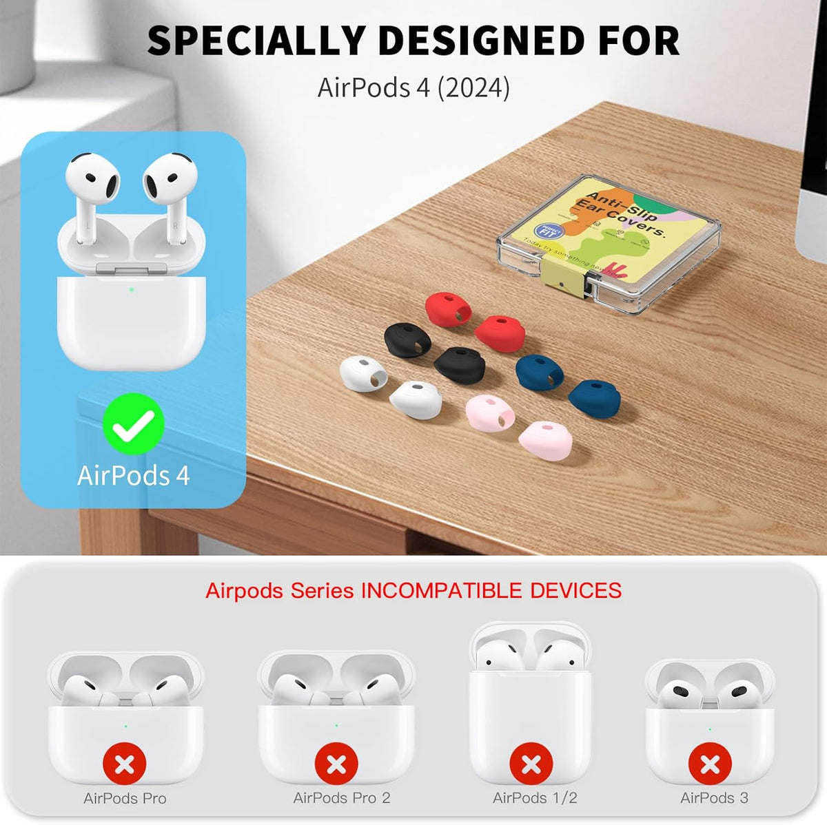 [5 Pairs] for AirPods 4 Ear Tips Covers Sport Anti Slip Anti Scratche Skin Soft Silicone Eartip AirPods 4 Gen Earbuds Accessories Compatible with Apple AirPods 4th Generation (5 Colors Mix)