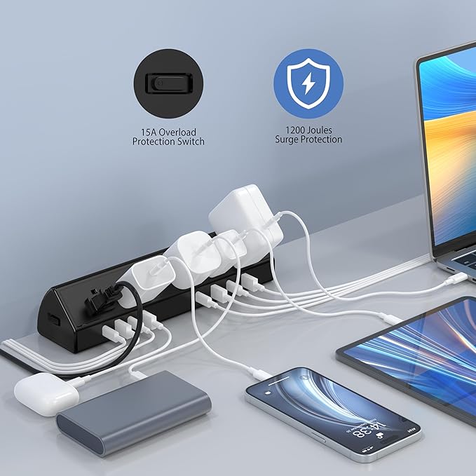 Jgstkcity Desk Clamp Power Strip USB C 45W,8 USB,15FT Cable,Black