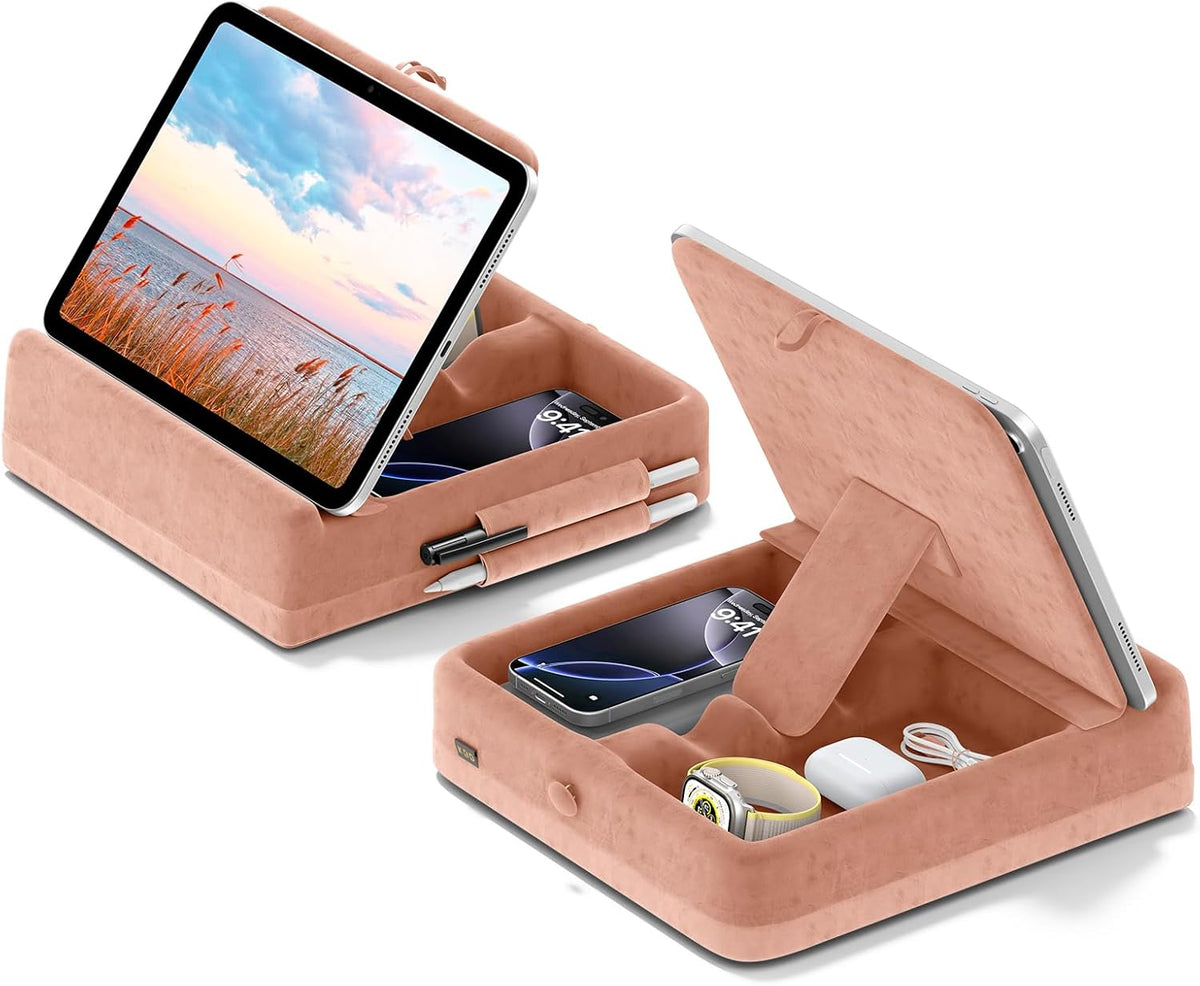 KDD Tablet Pillow Stand with Storage, Foldable iPad Holder for Bed, Lap and Desk, Angle Adjustable Soft Pad Dock with Stylus Mount Compatible with iPad Pro 12.9, 10.5, 11, Air, Mini, Phones, Books