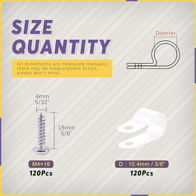 Swpeet 120 Pack White 3/8 Inch Nylon Plastic R-Type Cable Clips Clamp Kit, Nylon Screw Mounting Cord Fastener Clips with 120 Pack Screws for Wire Management (3/8 Inch, White)