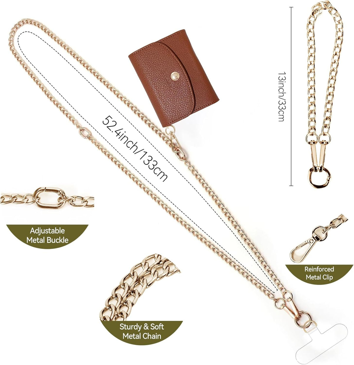 Clip and Go Strap for Phone with Wallet Metal Gold Chain Crossbody Phone Lanyard for Women Adjustable Detachable Wristlet Charm Small Purse Leather Card Holder Zipper with iPhone Stand 2 Patches Brown