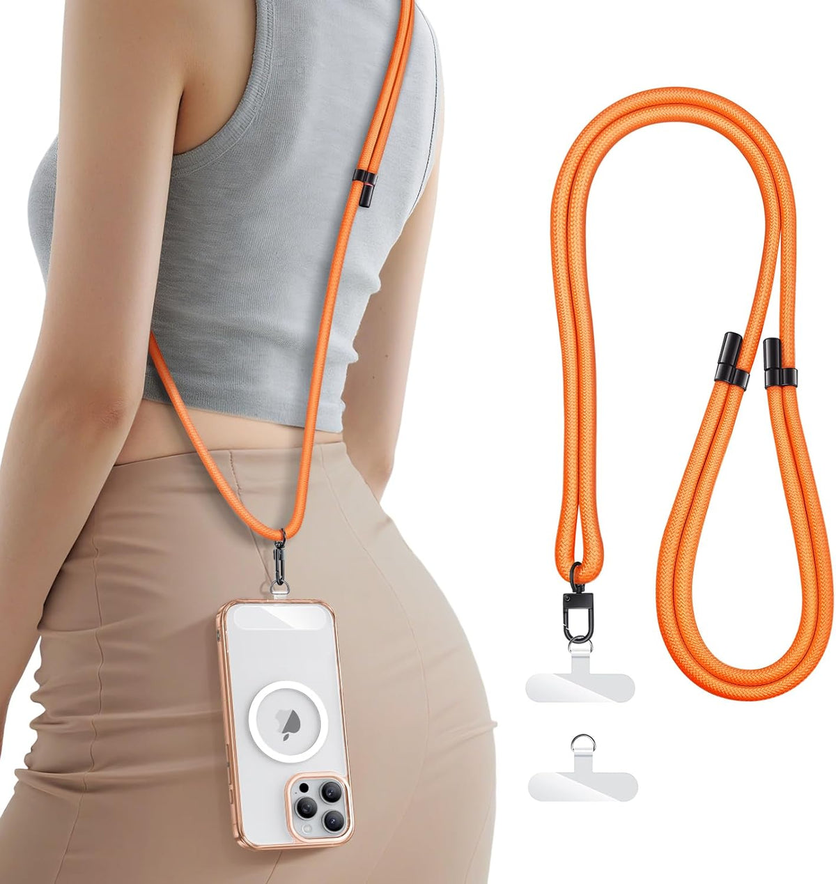 for Phone Lanyard Crossbody with 2X TPU Clear Phone Tabs, Multi-Function Crossbody Strap, Premium Metal Carabiner, Safety Durable Anti Theft Drop Protection Phone Neck Wrist Strap, Orange