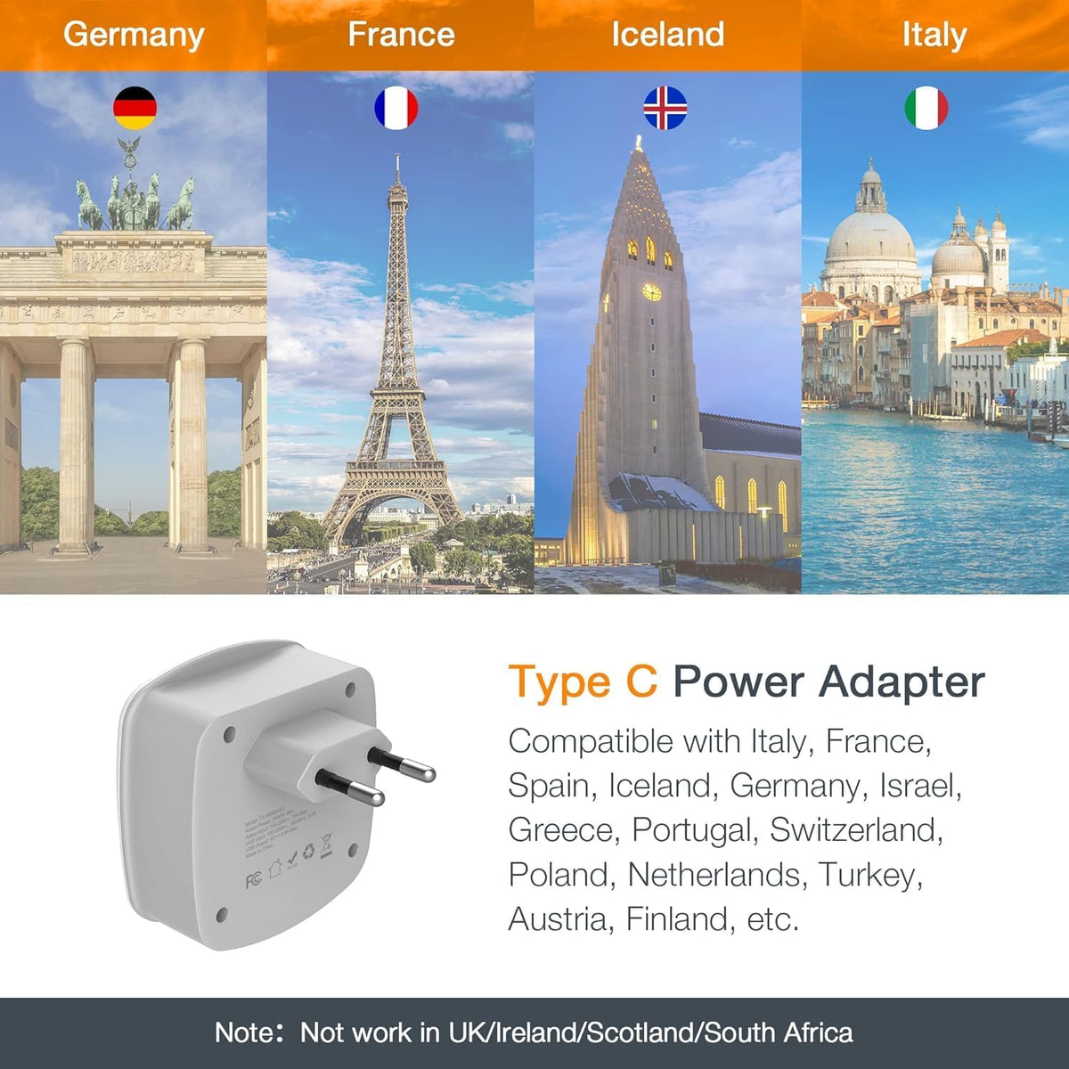 TESSAN European Travel Plug Adapter 2 Pack, US to Europe Power Adaptor with 2 USB 2 AC Outlets, International Charger USA to Most of EU Italy Iceland Spain France Greece Germany (Type C)
