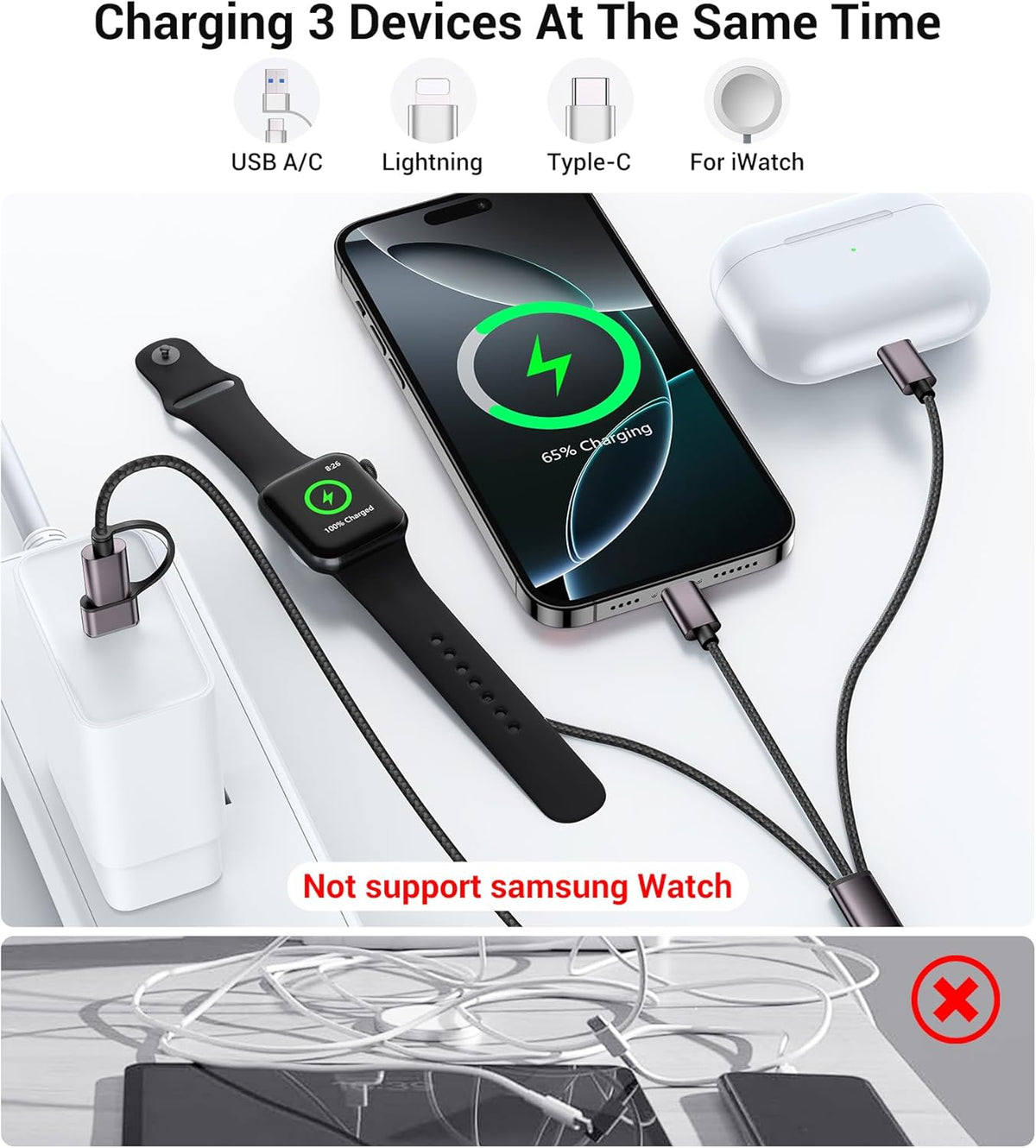 Temdan for Travel Vacation Essentials,3 in 2 USB C Cable for Apple Watch Charger/iPhone 16 Charger/Lightning,Multi Charging Cable Cord,Camping Essentials,Designed for iWatch &iPhone 16-12-4FT Black
