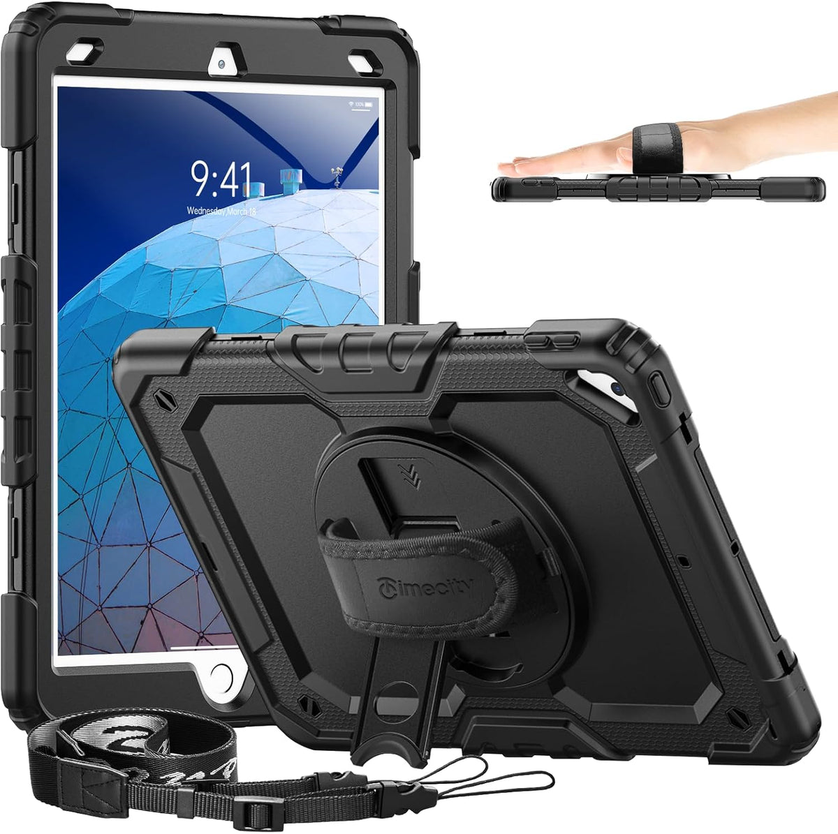 Timecity for iPad Air 3/ Pro 10.5 Inch Case, 360° Rotating Stand, Pencil Holder, Shockproof with Screen Protector & Shoulder Strap - Heavy Duty Protection Case for iPad Air 3rd Gen - Black