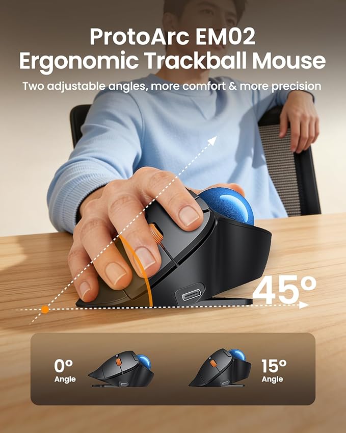 ProtoArc Wireless Bluetooth Trackball Mouse EM02 Two Adjustable Angle Ergonomic Rechargeable Computer Ball Mouse 3 Device Connection Thumb Control and Smooth Tracking for Laptop PC Mac-Blue