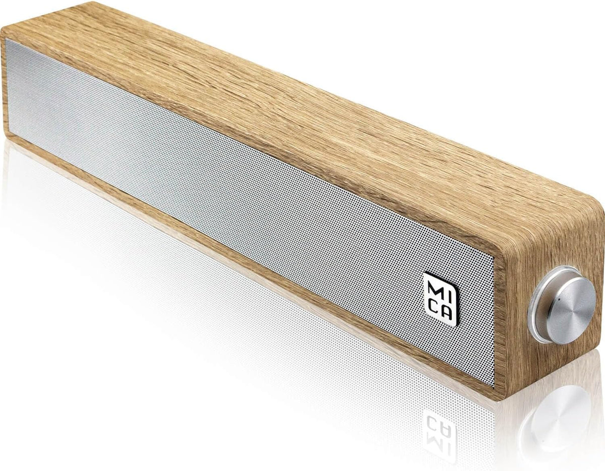MICA Computer Speakers, Wired Computer Sound Bar, Wooden Mini Soundbar, USB Powered PC Speakers 3.5mm AUX & PC Input (Yellow)