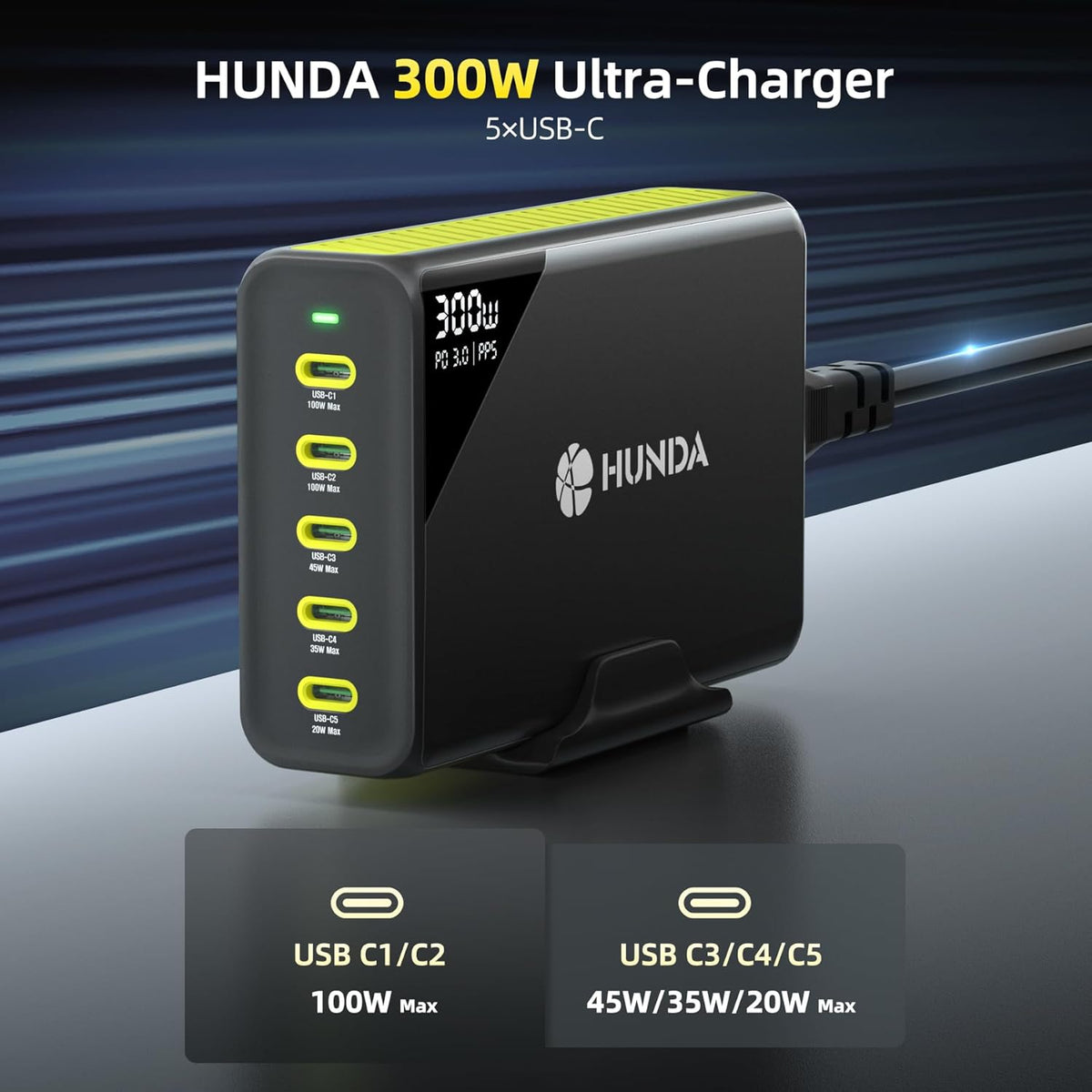 HUNDA 300W USB C Charger GaN Charging Station Desktop 5 Ports PD 100W Fast Power Adapter Support PD3.0 /PPS 45W /QC5 for MacBook Pro/Air, iPhone 15 Pro,Samsung,HP,Dell etc